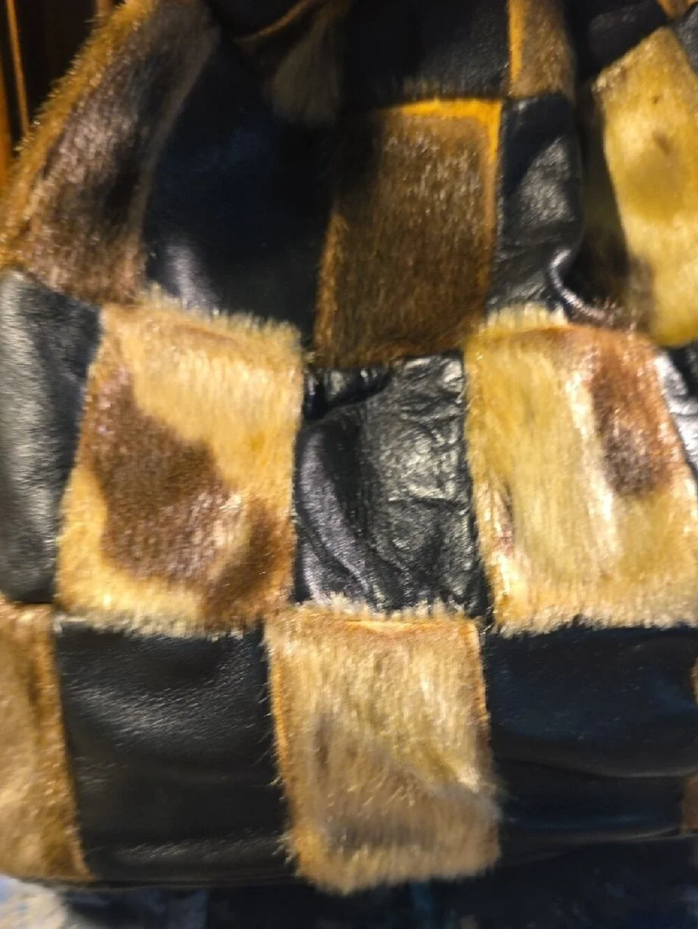 Authentic Seal! Patchwork Fur & Leather Drawstring Hobo Bag - Brown